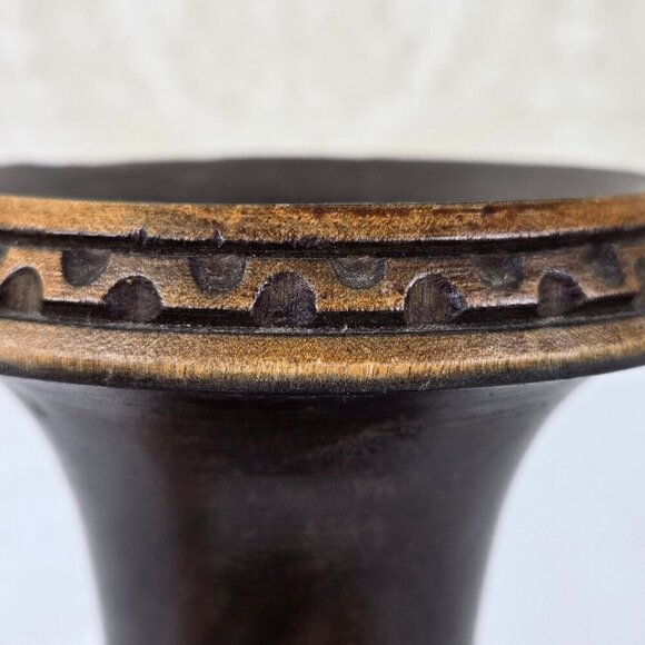 Vintage Handcarved Dark Wooden Footed Vase Folk Art Two Tone Brown - Picture 8 of 12